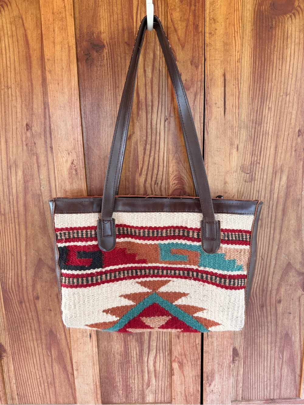 Western Woven Aztec Medium Shoulder Tote Bag with Brown Leather Straps